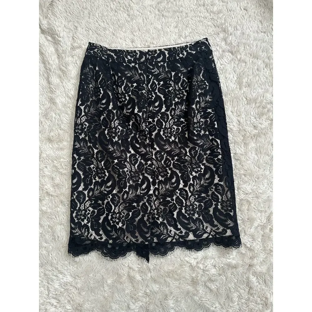 Sz 6 White House Black Market Lace Pencil Skirt Knee Length Scallop Edge Zip